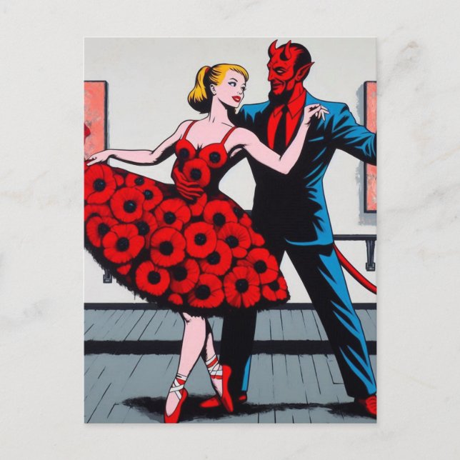 Devil Dances With a Woman in a Red Floral Dress Postcard (Front)