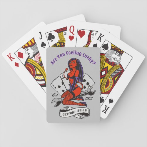 Devil motorcycle pinup babe with funny saying playing cards