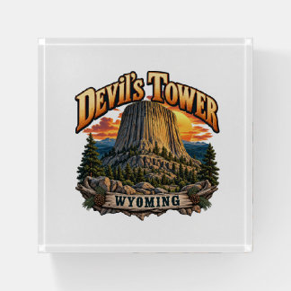 Devil’s Tower Wyoming Vintage Sunset Graphic Paperweight