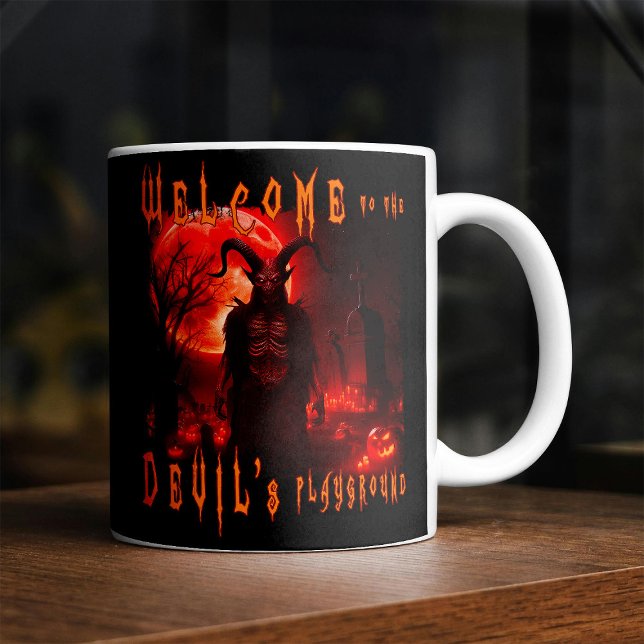 Devil Satan on night cemetery with blood red moon Coffee Mug (Creator Uploaded)