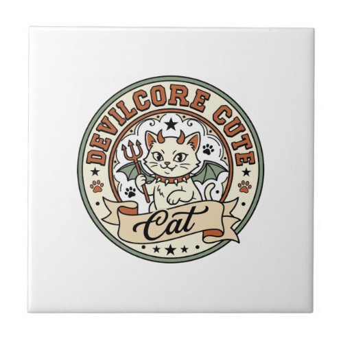 Devilcore Cute Cat Devilcore Cute Cat Vintage Vect Ceramic Tile