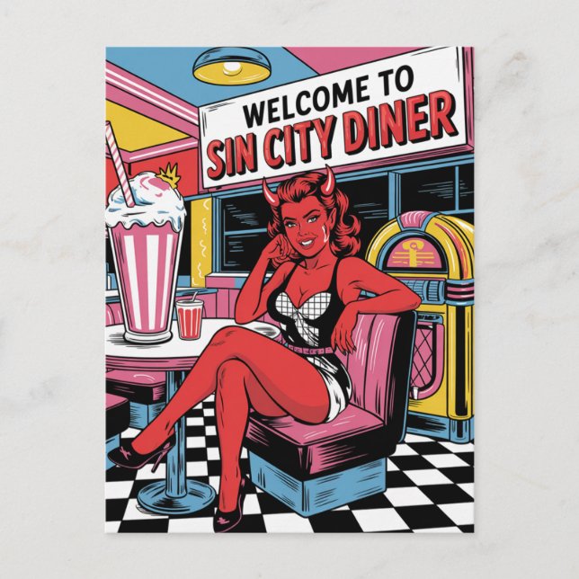 Devilish Woman at the Sin City Diner Comic Book Postcard (Front)