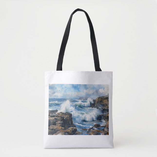 Devils Churn Waves Against Rocks,  Tote Bag (Front)