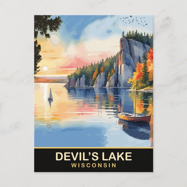 Devil's Lake, Wisconsin, Watercolor Travel Postcard (Front)