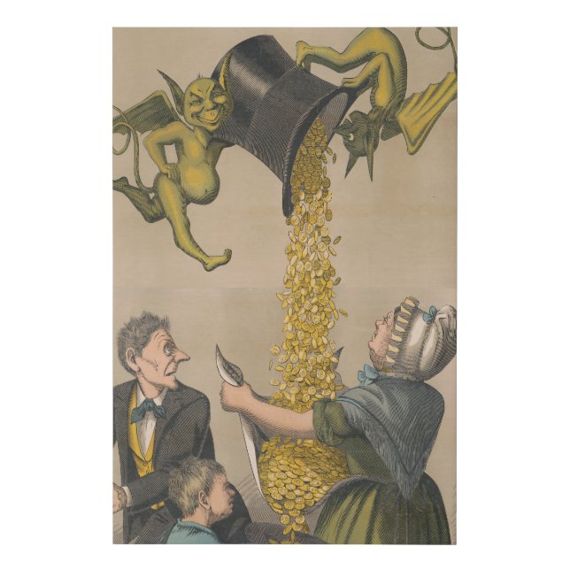 Devils Pouring Gold Coins Into Woman's Apron Faux Canvas Print (Front)