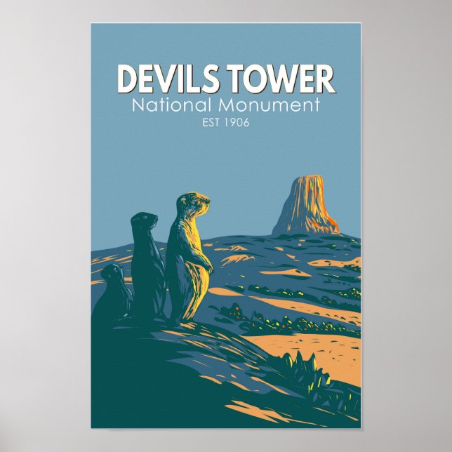 Devils Tower National Monument Prairie Dog Vintage Poster (Front)