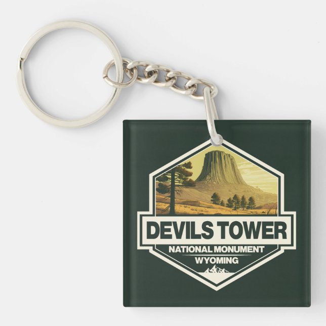 Devils Tower National Monument Travel Art Vintage Keychain (Front)