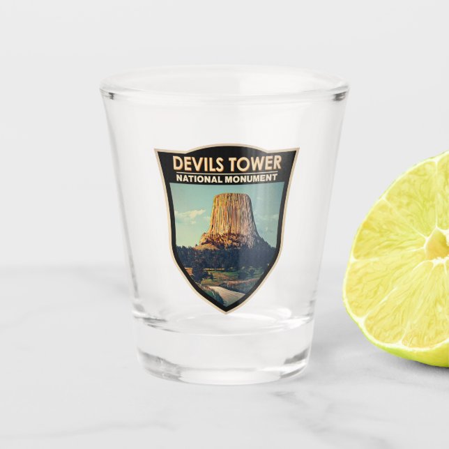Devils Tower National Monument Wyoming Watercolor Shot Glass (Front)