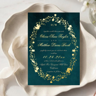 Devine Green Gold Foil Modern Floral Wedding  Invitation