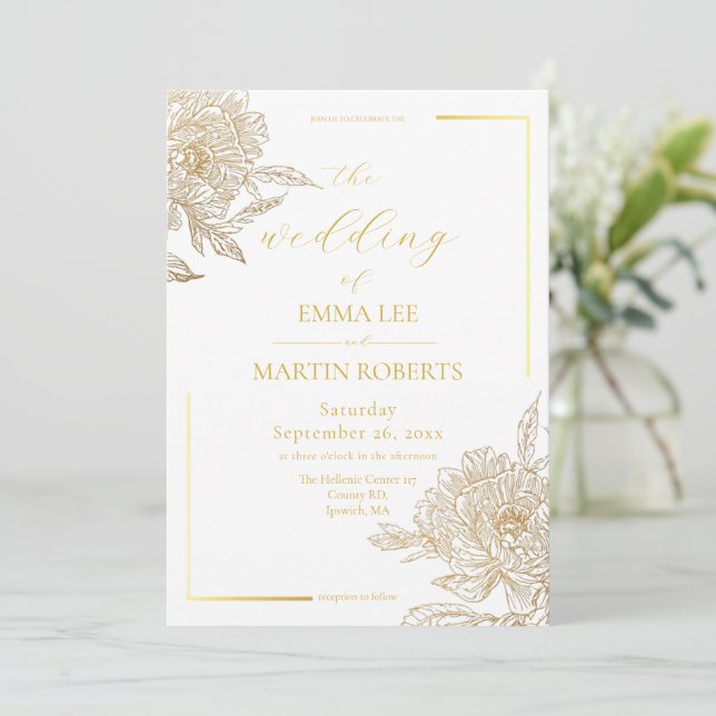 Devine  White and Gold Elegant Floral Wedding  Invitation (Standing Front)
