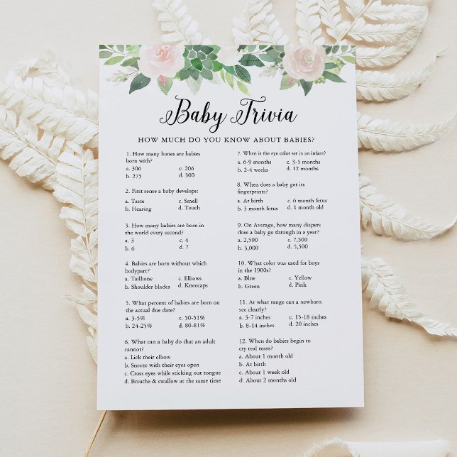 DEVON Baby Trivia Greenery Baby Shower Game Card (Creator Uploaded)