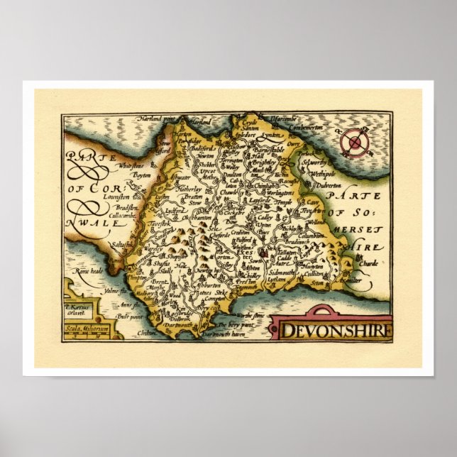 Devon (Devonshire) County England Antiquarian Map  Poster (Front)