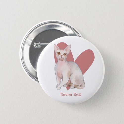Devon Rex Cat Watercolor Kitty Pink Heart Button