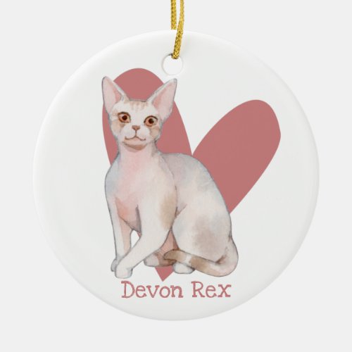Devon Rex Cat Watercolor Kitty Pink Heart Ceramic Ornament
