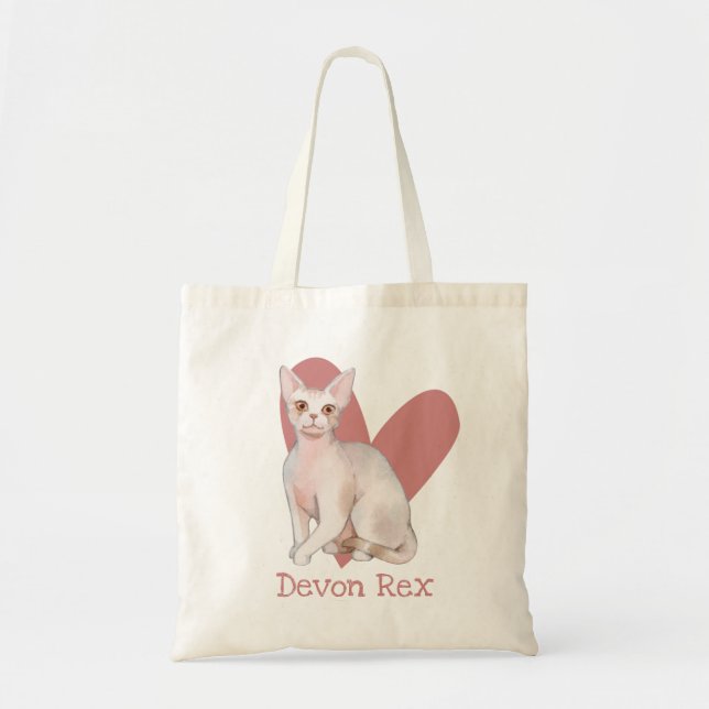 Devon Rex Cat Watercolor Kitty Pink Heart Tote Bag (Front)