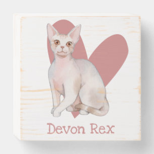 Devon Rex Cat Watercolor Kitty Pink Heart Wooden Box Sign