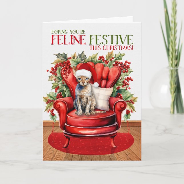 Devon Rex Christmas Cat FELINE Festive Holiday Card (Front)