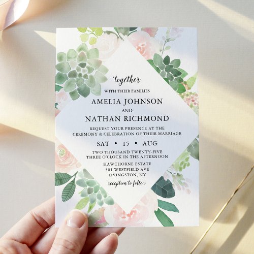 DEVON Succulent  Blush Florals Wedding Invitation