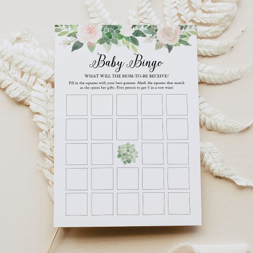 DEVON Succulent Pink Floral Baby Shower Bingo Card