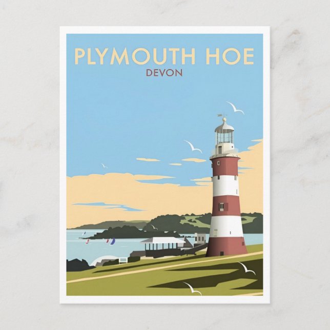 Devon UK Plymouth Lighthouse Travel Retro Inspired Postcard (Front)