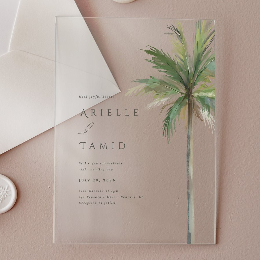 Devonport Modern Watercolor Palm Tree Wedding Acrylic Invitations