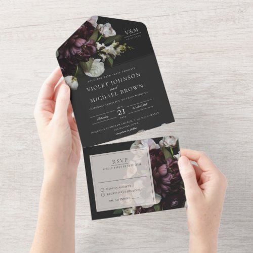 Devoted Dark Floral All in One Wedding Invite