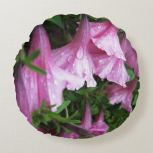 Dew Drops on Pink Flowers Round Pillow