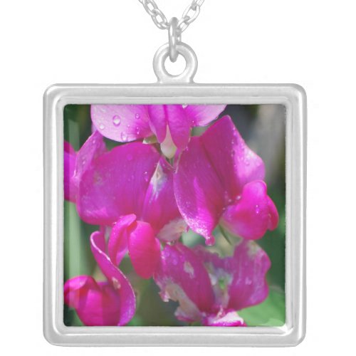 Dew Drops on Sweet Pea Silver Plated Necklace