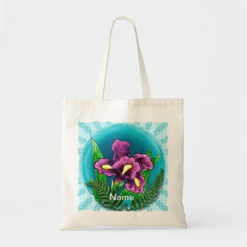 Dewdrop iris flower custom name tote bag