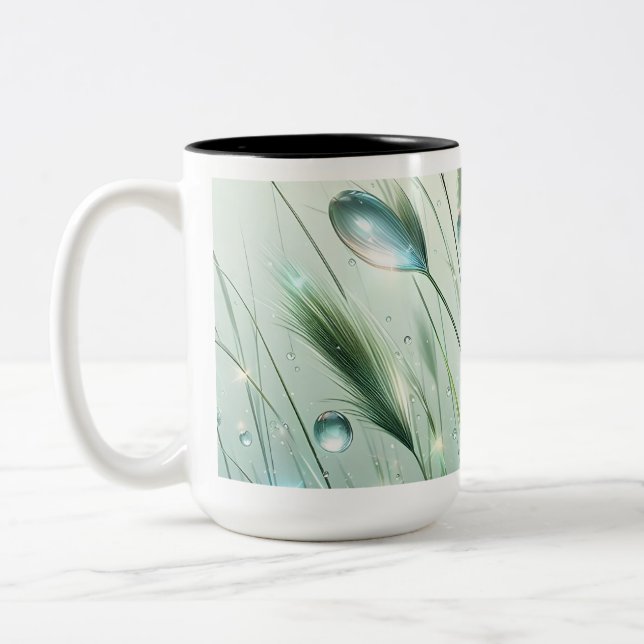 dewdrops falling gently from the grass Two-Tone coffee mug (Left)