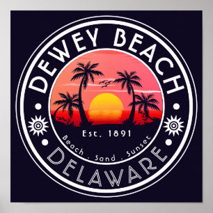 Dewey beach Delaware Sunset Beach Palm Tree 80s Poster