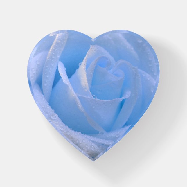 Dewy Blue Rose Heart-Shaped Paperweight (Front)