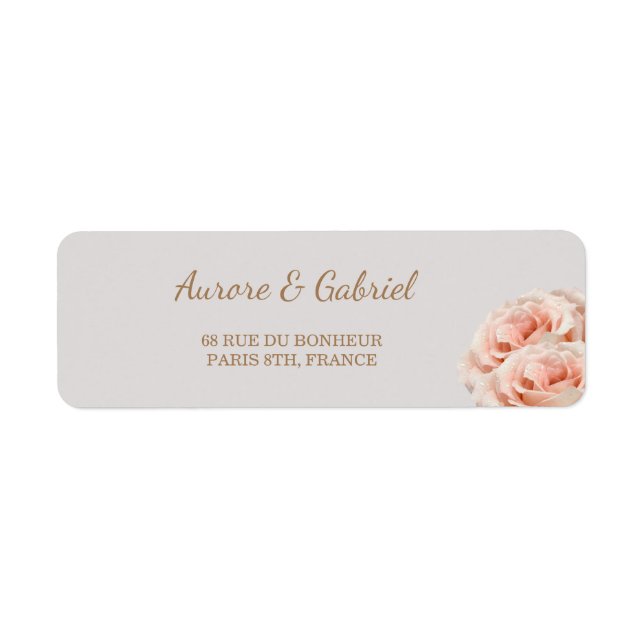 Dewy Pink Rose blossoms Gray Wedding Address Label (Front)