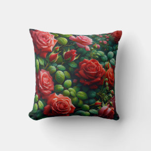 “Dewy Red Roses" Throw Pillow