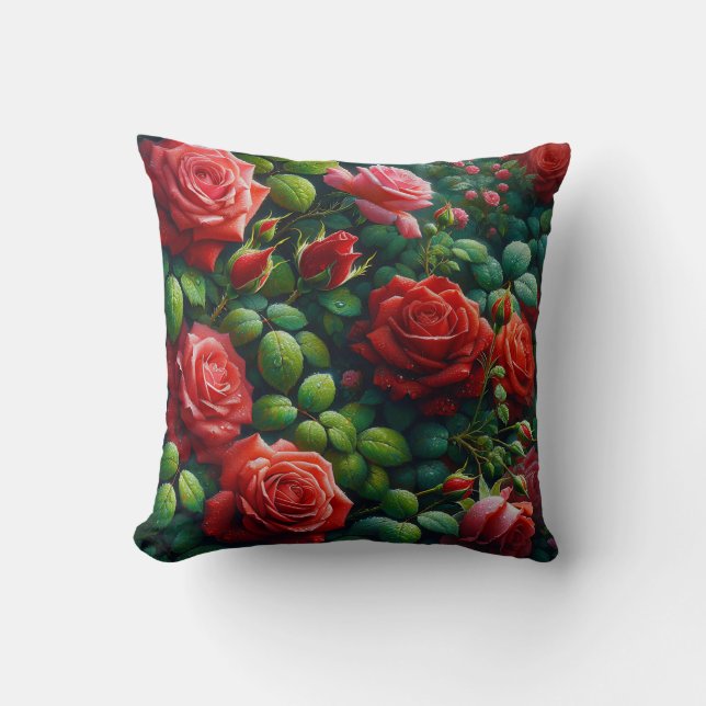 “Dewy Red Roses" Throw Pillow (Front)