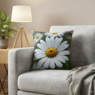 Dewy White Daisy Flower Close-Up Nature Photograph Throw Pillow