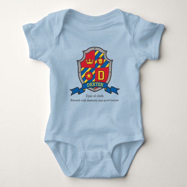 Dexter letter D name meaning boys crested shield Baby Bodysuit (Front)