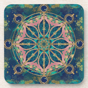 Dharma Wheel - Dharmachakra Gemstone & Gold Beverage Coaster