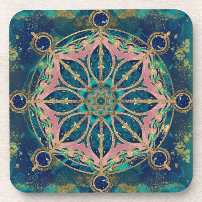 Dharma Wheel - Dharmachakra Gemstone & Gold Beverage Coaster (Front)