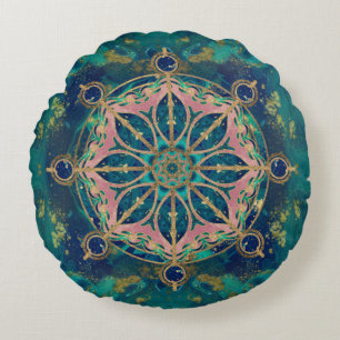 Dharma Wheel - Dharmachakra Gemstone & Gold Round Pillow