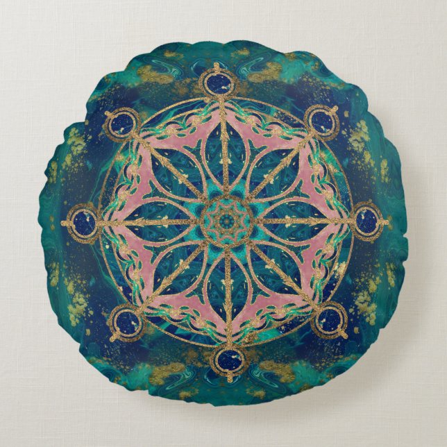 Dharma Wheel - Dharmachakra Gemstone & Gold Round Pillow (Front)