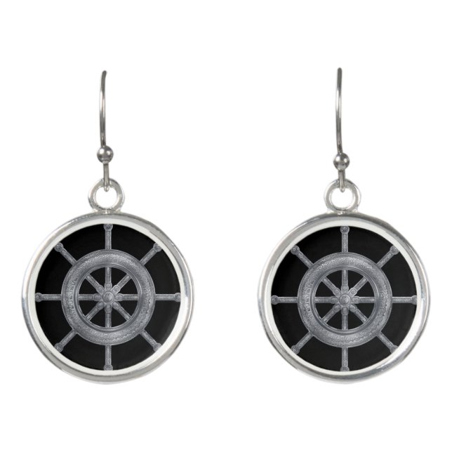 Dharma Wheel - Dharmachakra  Silver Metallic Earrings (Front)
