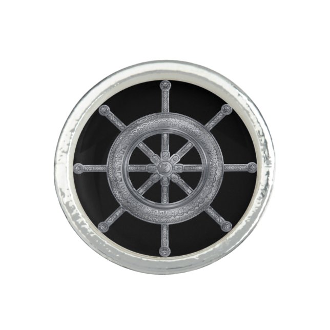 Dharma Wheel - Dharmachakra  Silver Metallic Ring (Front)