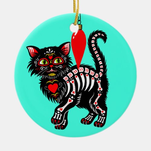 Dia De Los Christmas Kitty Cute Ceramic Ornament