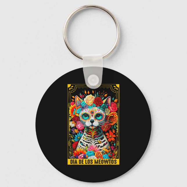 Dia De Los Meowtos Sugar Skull Cat Gift  Keychain (Front)