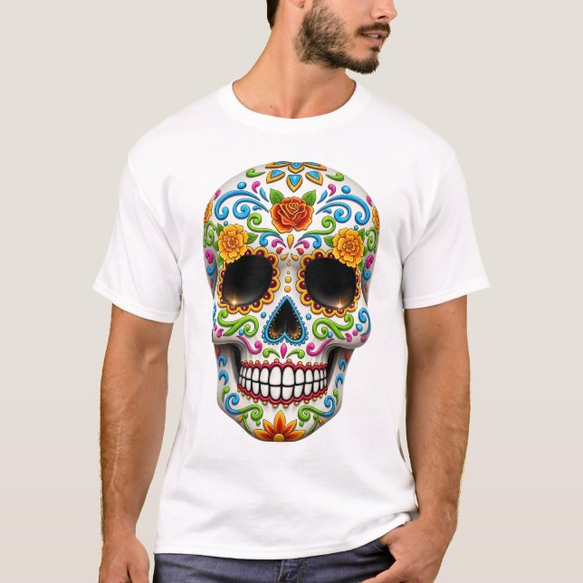 Dia de los muertes skull. Mexican Day of the Dead T-Shirt (Front)