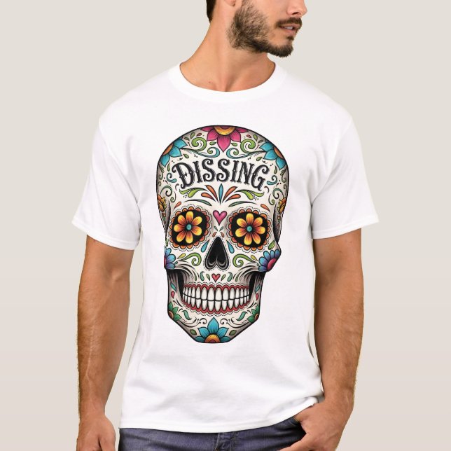 Dia de los muertes skull. Mexican Day of the Dead T-Shirt (Front)