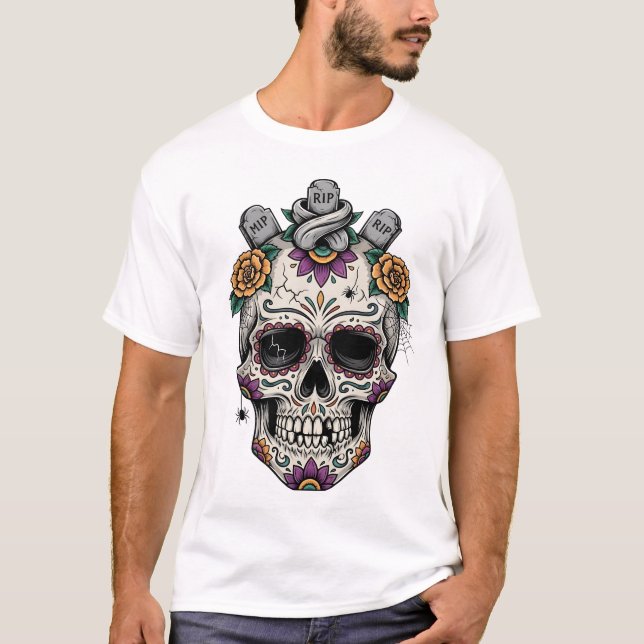 Dia de los muertes skull. Mexican Day of the Dead T-Shirt (Front)