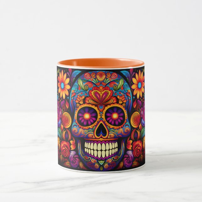Dia de los Muertos Add Name Skull Orange Inside Mug (Center)