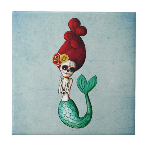 Dia de Los Muertos Beautiful Mermaid Ceramic Tile